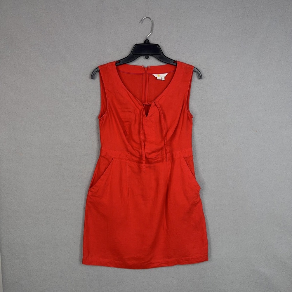 Boden Dress Womens 4P Red Linen V Neck Tie Front Shift Pockets Casual Summer
